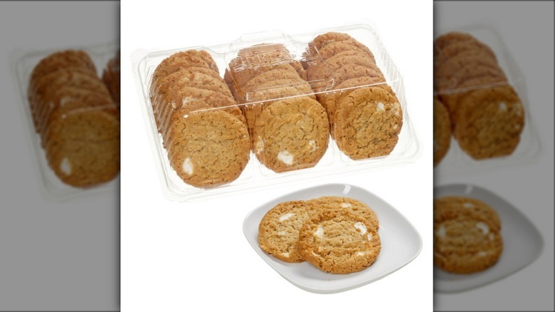 A package of Costco crispy marshmallow cookies and three on a plate