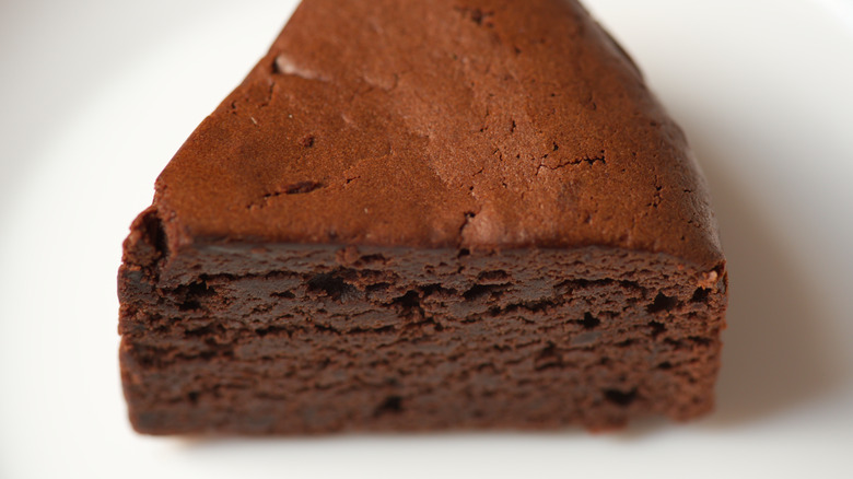 Wedge of chocolate cake, shown close up and unfrosted on a white plate