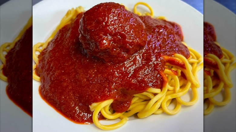 Spaghetti with meatballs topped with red sauce at Mrs. Robino's Restaurant