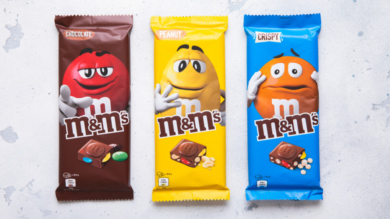M&M's Chocolate Bars sit on a white counter