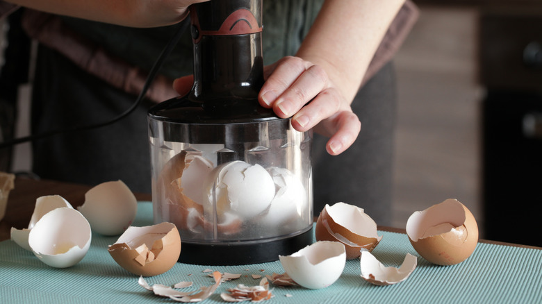 a woman using a food processor to grind eggshells