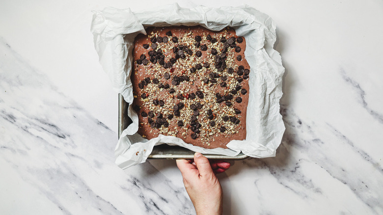 Raw batter for High protein brownies in pan