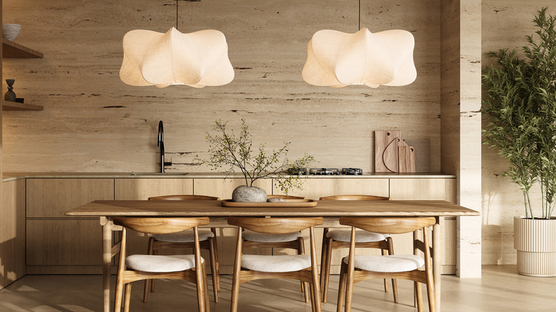 All wooden kitchen with cloud shaped ceiling lamps