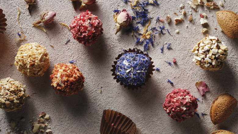 Chocolate truffles with edible rose and lavender petals