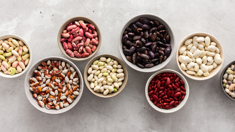 Top-down view of various types of dried beans in bowls