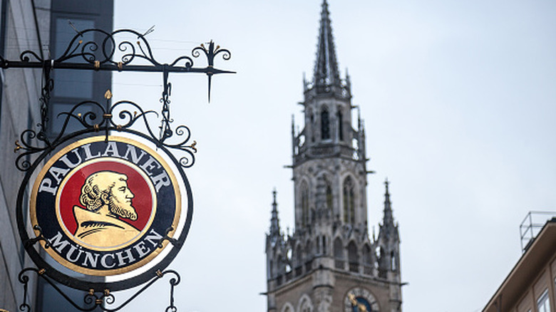 a sign for Paulaner beer in Munich