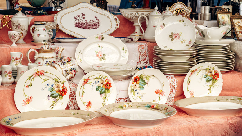 Display of vintage dishes on a table