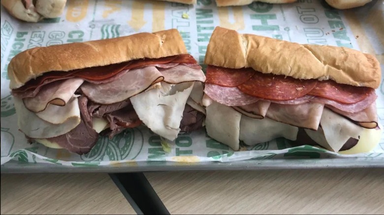 Subway sub with pepperoni, salami, and vegetables