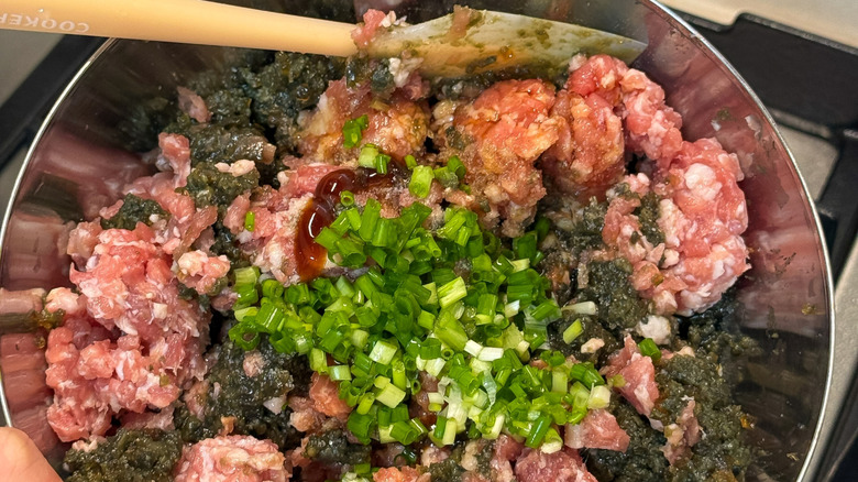 mixing ground pork with seasonings and green onions