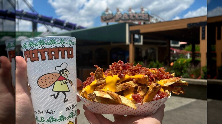 a person hold up a soda cup and fries topped with cheese and bacon in front of The Potato Patch