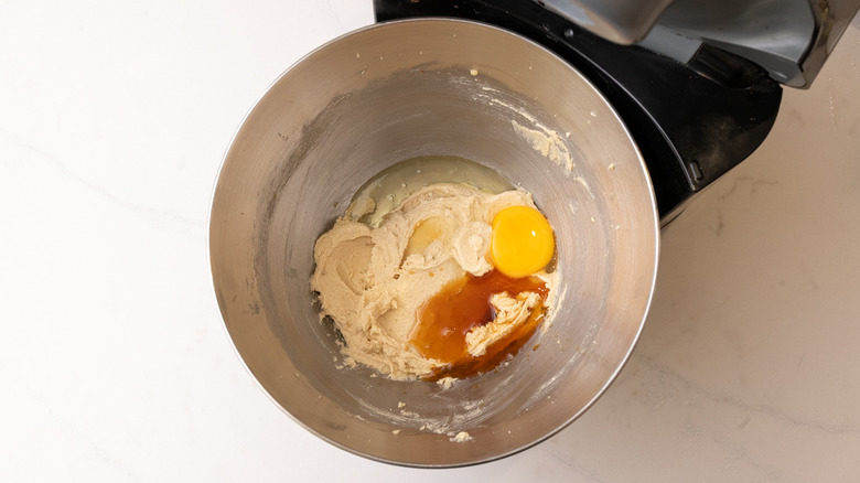 creamed butter and sugar with an egg and vanilla extract in a stand mixer bowl