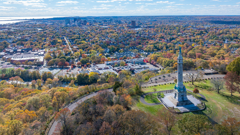 Aerial view looking down at New Haven, Connecticut