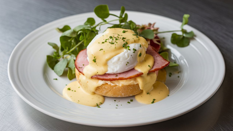 Eggs Benedict on white plate