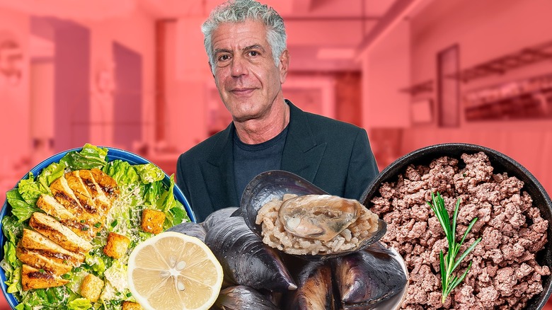 Anthony Bourdain behind mussels, chicken caesar salad, lemon, ground beef