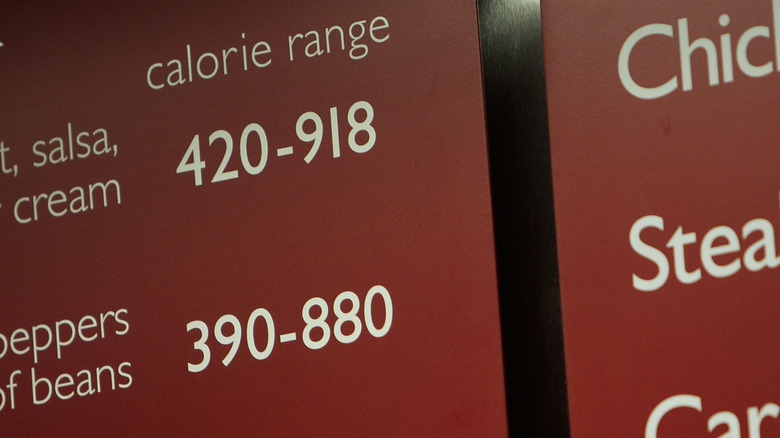 close up of a menu showing a range of calories for different dishes