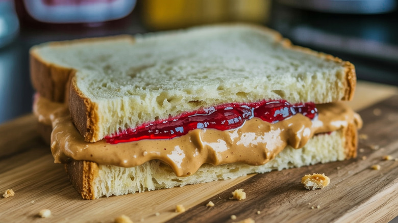 peanut butter and jelly sandwich on wood board