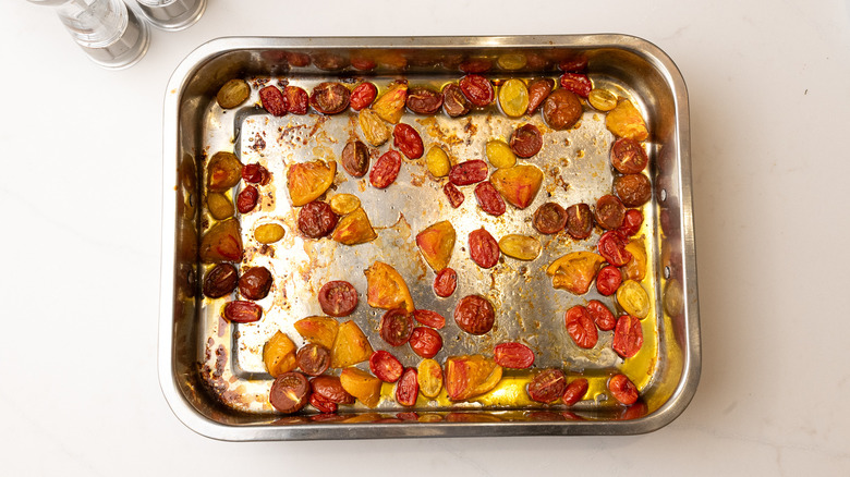 roasted tomatoes in baking tray