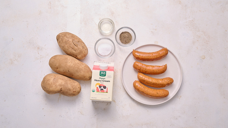 3-ingredient potato sausage soup ingredients on table