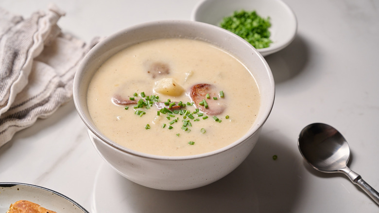 bowl of potato soup on a table