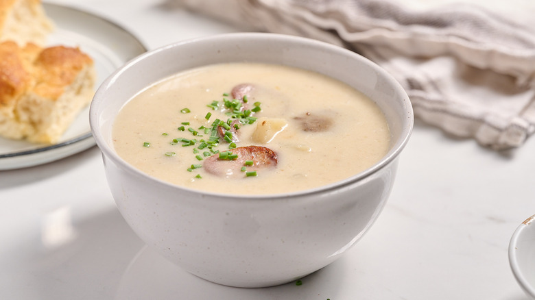 bowl of potato soup on a table