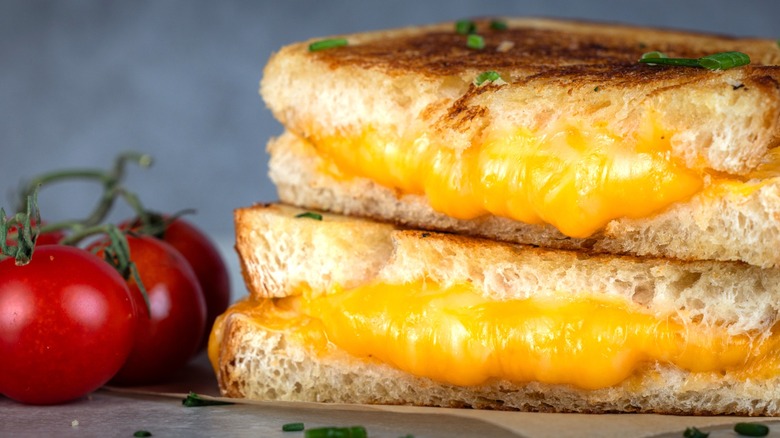 Two halves of grilled cheese sandwich garnished with chives stacked on top of each other next to small red tomatoes on vine