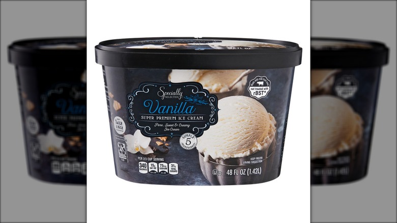 Tub of Aldi Specially Selected Vanilla Premium Ice Cream on white background