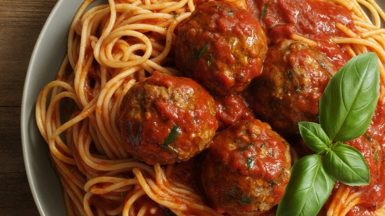 spaghetti and meatballs with basil close up