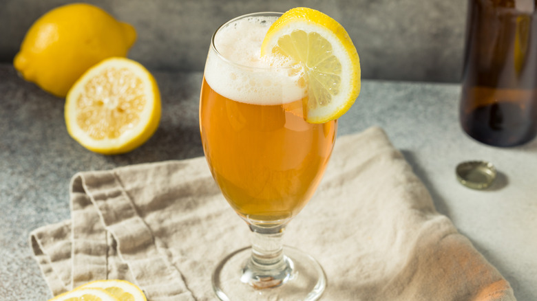 Shandy with lemon garnish