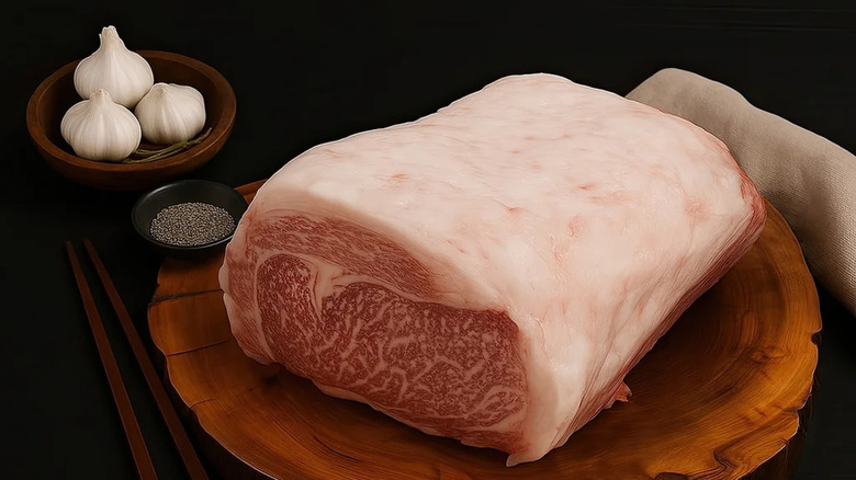 Costco wagyu ribeye roast on a wooden platter with chopsticks, spices, and garlic beside it