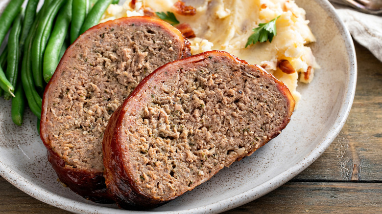 slices of meatloaf with potatoes