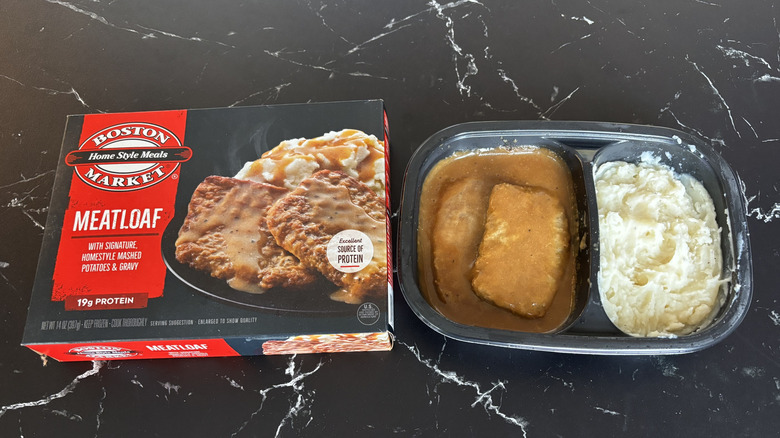 Boston Market meatloaf on marble surface