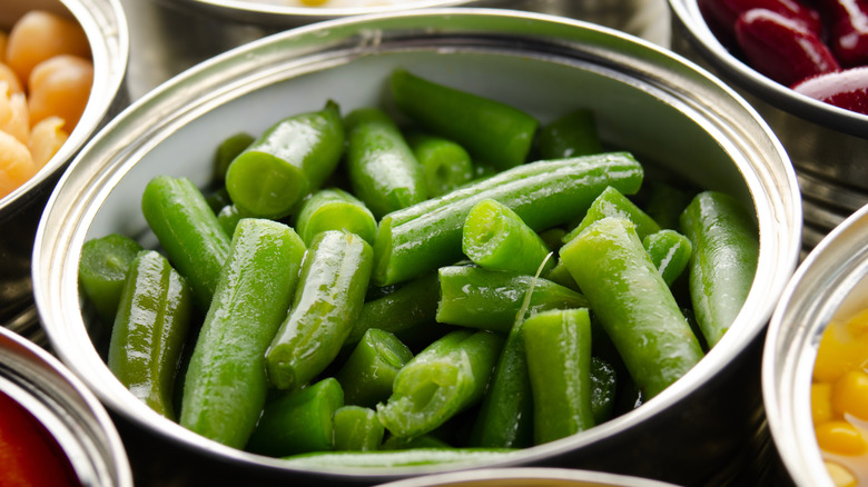 Overhead view of open can of green beans