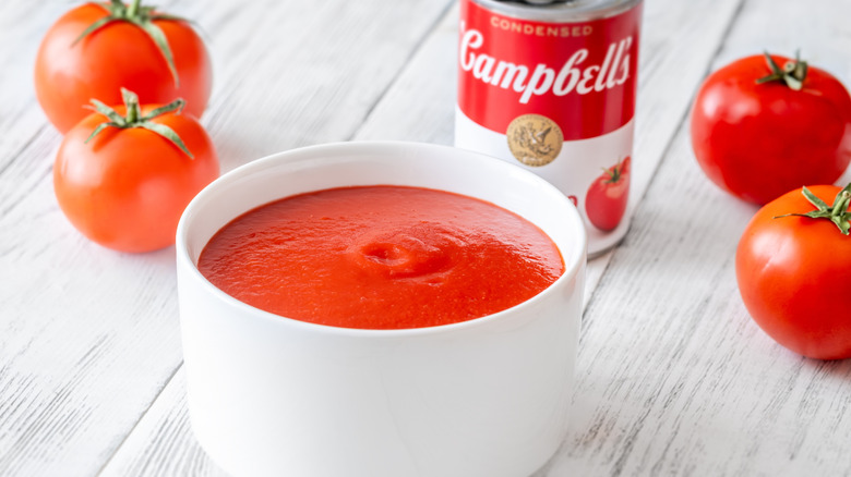 A bowl of condensed canned tomato soup