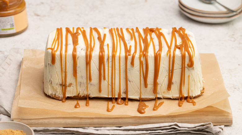 Icebox cake drizzled with caramel