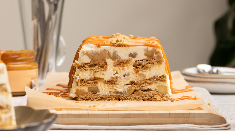 Caramel apple icebox cake with slice removed