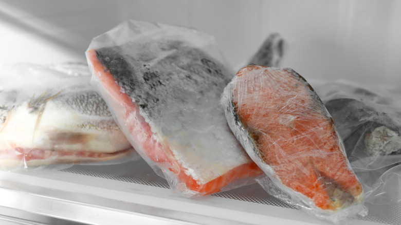 Wrapped pieces of frozen fish