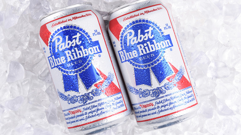 Cans of Pabst Blue Ribbon on ice