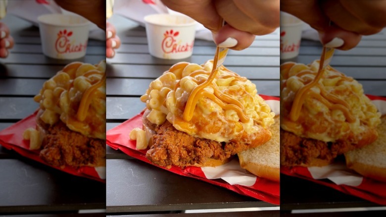 Chick fil a sandwich with added mac and cheese