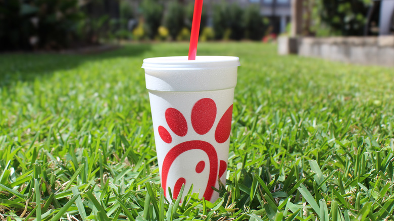 White soft drink cup with red straw and red Chick-fil-A logo sitting on green grass lawn