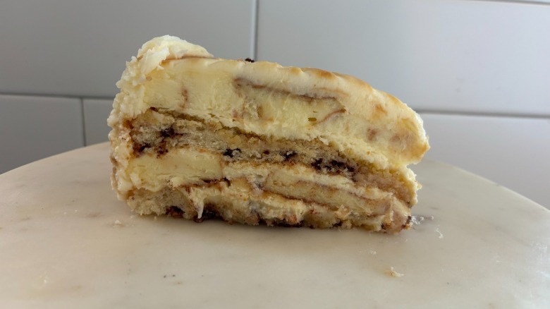 Cinnabon Cinnamon Swirl Cheesecake on a plate.