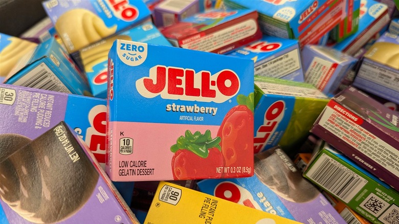 Boxes of Jell-O in a bin at a store