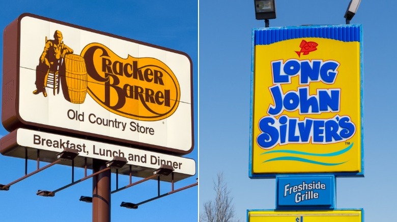 A split image with a Cracker Barrel sign on the left and a Long John Silver's sign on the right.