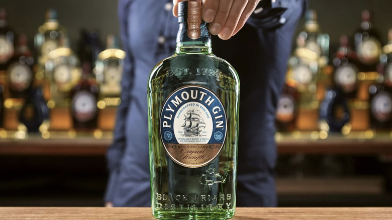 Closeup of bartender with a bottle of Plymouth Gin on the bar