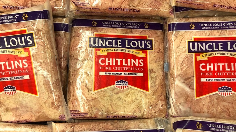 Bags of bags of Uncle Lou's pork chitlins