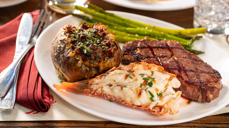 Close-up of a steakhouse meal spread