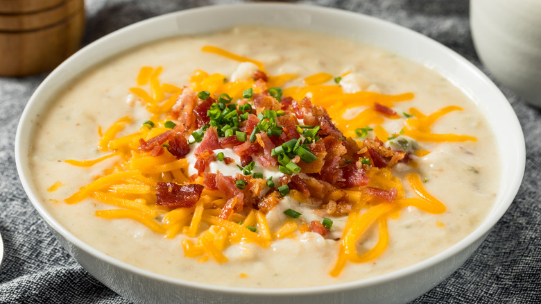 Bowl of fully-loaded baked potato soup