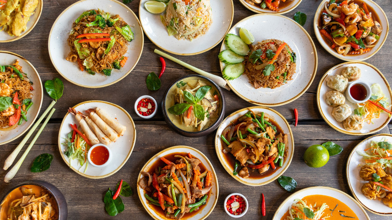 Assorted Thai foods on table