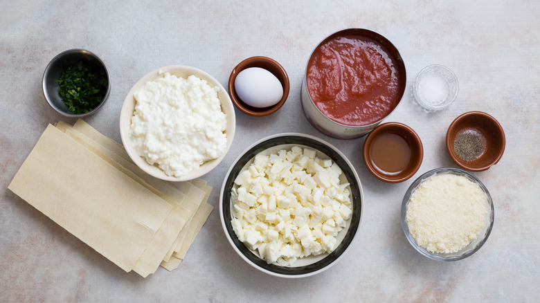 lasagna ingredients on marble table