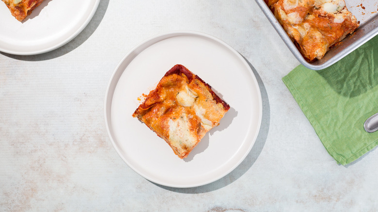 slice of lasagna served on table