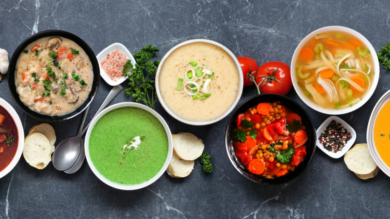 different bowls of soups